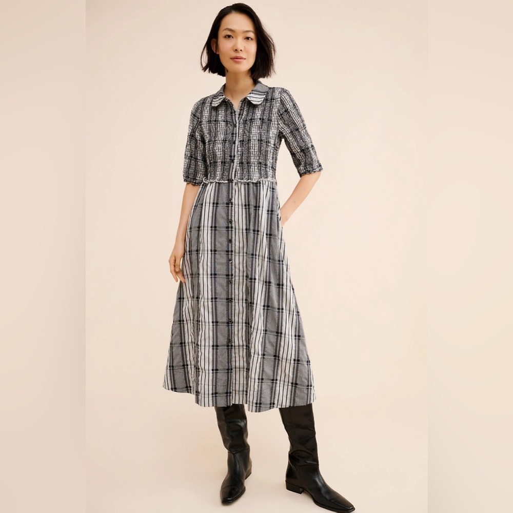NWT Anthropologie Maeve Short-Sleeve Smocked Midi Shirt Dress in Black Plaid.